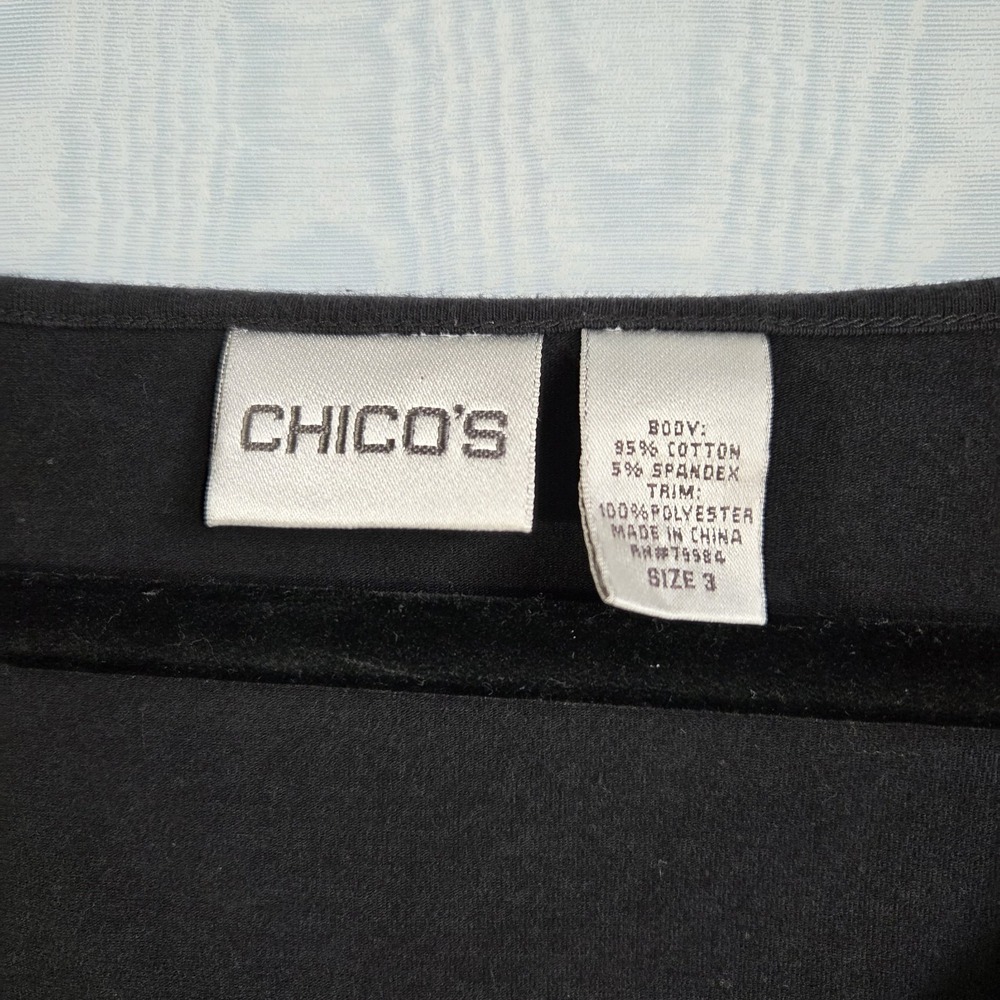 Chicos Womens XL (3) Black 3/4 Sleeve Pima Cotton Ruffle Neck‎ Top Whimsygoth - Picture 5 of 7